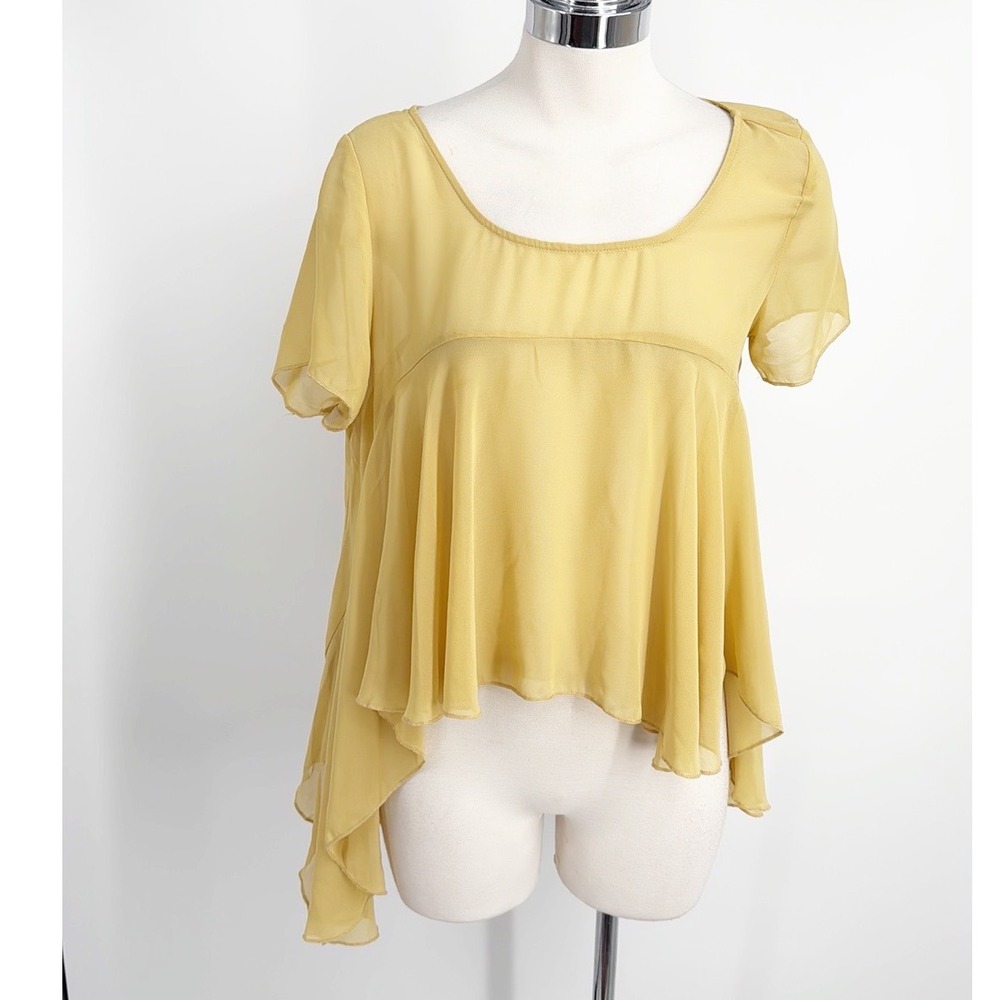 Poetry Mustard Yellow Asymmetrical Hem Chiffon Flowy Top size medium